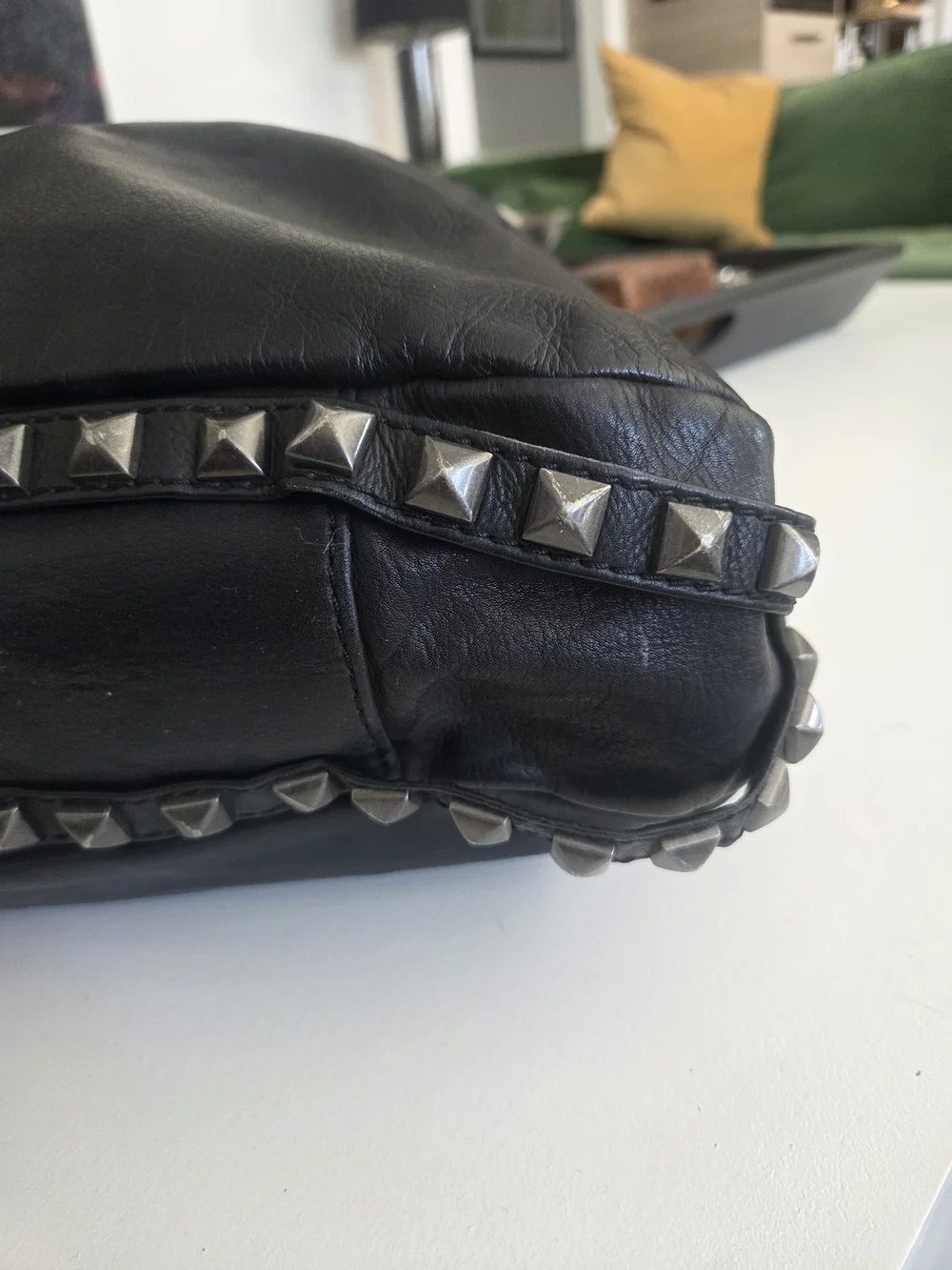 Rebecca Minkoff Studded Hobo Black Leather Pyramid Studs, Cardinal Bird Lining - Picture 6 of 11